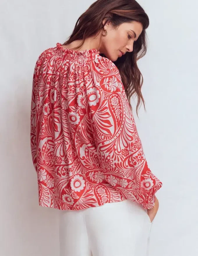 Serena Pleat Neck Linen Top Red, Enchanted Paisley