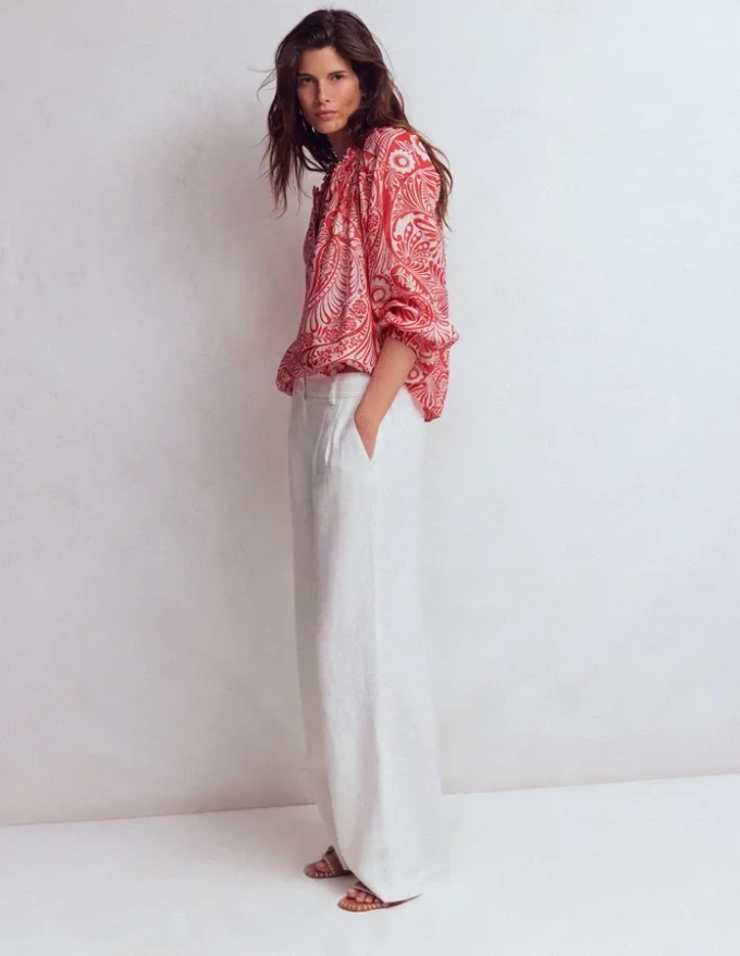 Serena Pleat Neck Linen Top Red, Enchanted Paisley