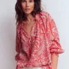 Serena Pleat Neck Linen Top Red, Enchanted Paisley