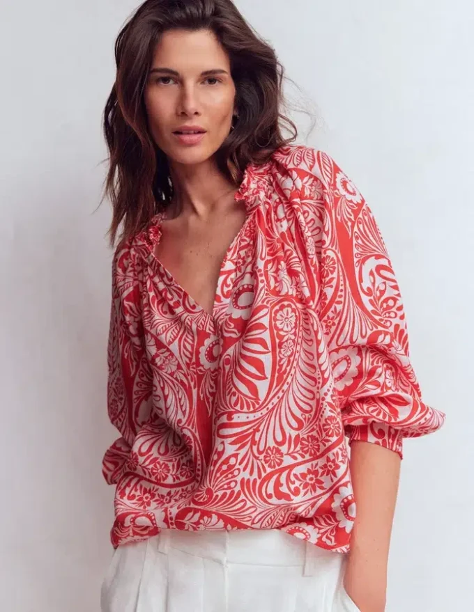 Serena Pleat Neck Linen Top Red, Enchanted Paisley