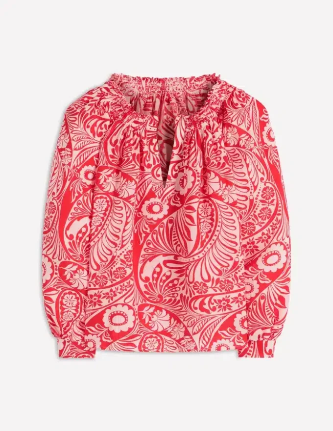 Serena Pleat Neck Linen Top Red, Enchanted Paisley