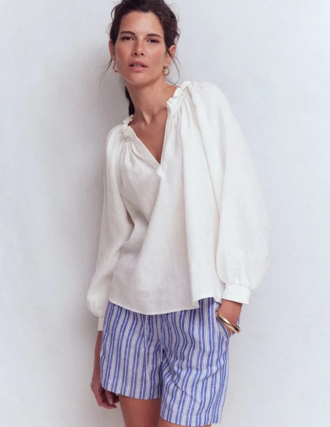 Serena Pleat Neck Linen Top White Serena Pleat Neck Linen Top White