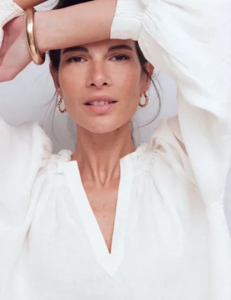 Serena Pleat Neck Linen Top White