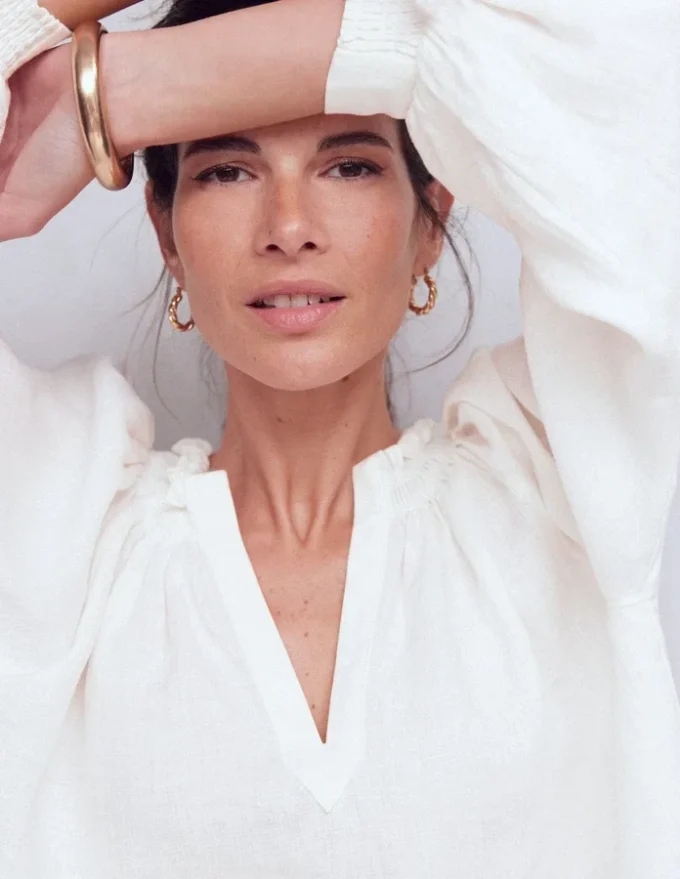 Serena Pleat Neck Linen Top White Serena Pleat Neck Linen Top White