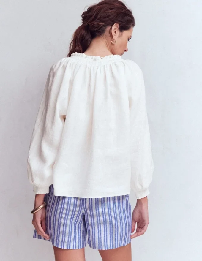 Serena Pleat Neck Linen Top White Serena Pleat Neck Linen Top White