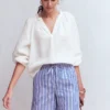 Serena Pleat Neck Linen Top White Serena Pleat Neck Linen Top White