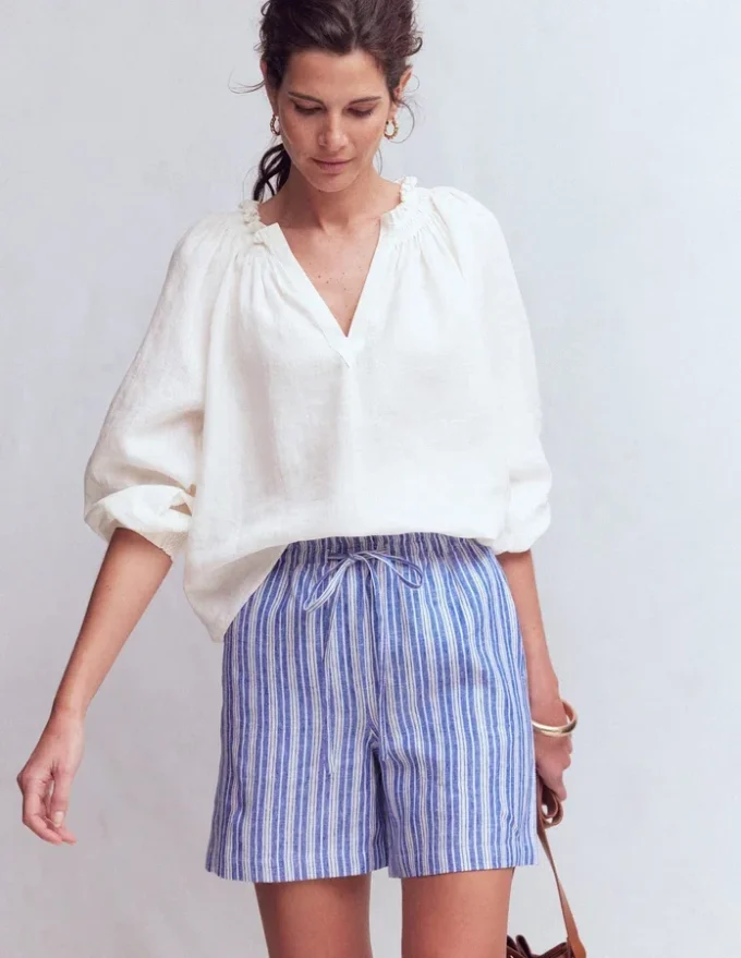 Serena Pleat Neck Linen Top White Serena Pleat Neck Linen Top White