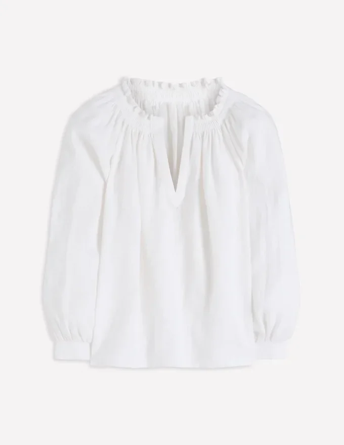 Serena Pleat Neck Linen Top White Serena Pleat Neck Linen Top White