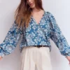 Serena Pleat Neck Top Blue, Decorative Blossom Serena Pleat Neck Top Blue, Decorative Blossom