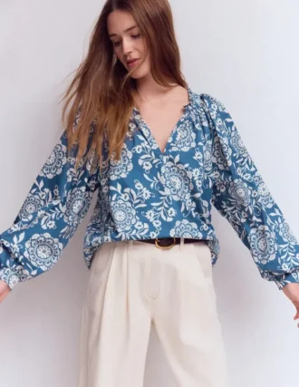 Serena Pleat Neck Top Blue, Decorative Blossom