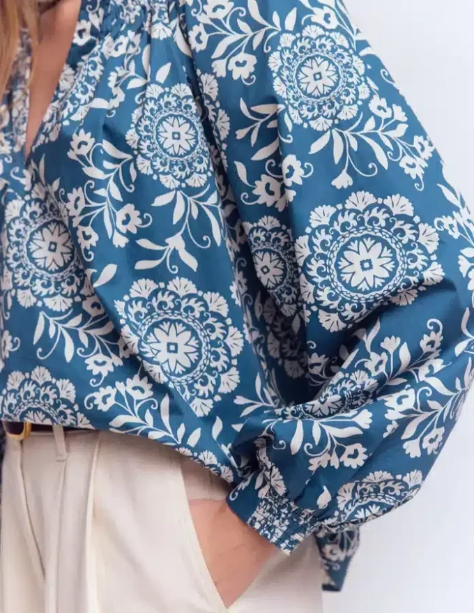 Serena Pleat Neck Top Blue, Decorative Blossom Serena Pleat Neck Top Blue, Decorative Blossom
