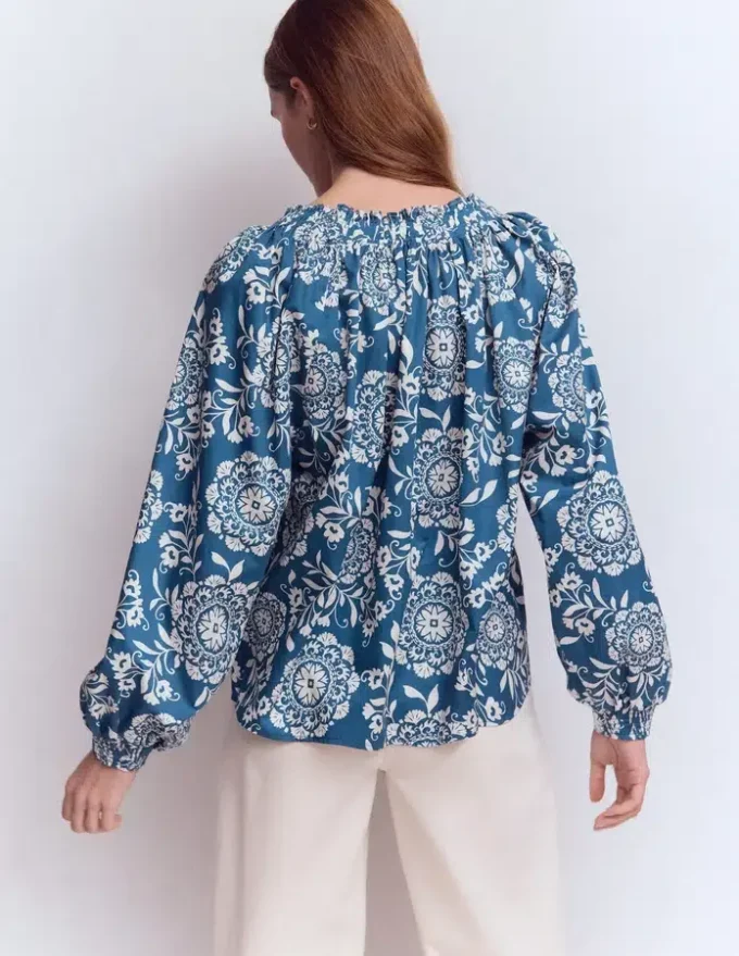 Serena Pleat Neck Top Blue, Decorative Blossom Serena Pleat Neck Top Blue, Decorative Blossom