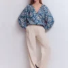 Serena Pleat Neck Top Blue, Decorative Blossom Serena Pleat Neck Top Blue, Decorative Blossom