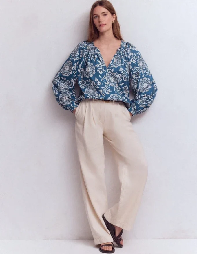 Serena Pleat Neck Top Blue, Decorative Blossom Serena Pleat Neck Top Blue, Decorative Blossom
