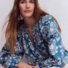 Serena Pleat Neck Top Blue, Decorative Blossom Serena Pleat Neck Top Blue, Decorative Blossom