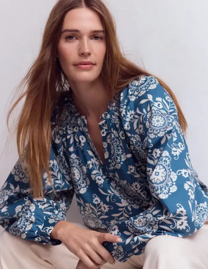 Serena Pleat Neck Top Blue, Decorative Blossom Serena Pleat Neck Top Blue, Decorative Blossom