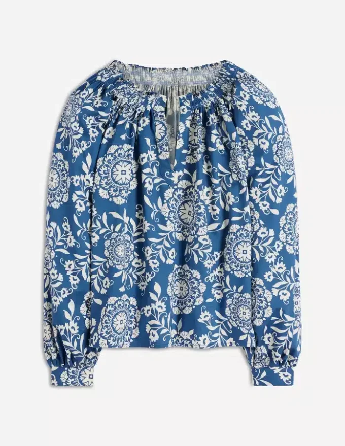 Serena Pleat Neck Top Blue, Decorative Blossom Serena Pleat Neck Top Blue, Decorative Blossom