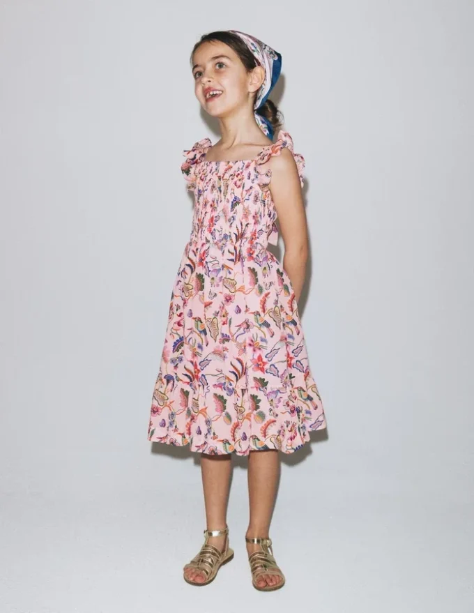 Shirred Bow Back Detail Dress Multi Pink Floral Shirred Bow Back Detail Dress Multi Pink Floral