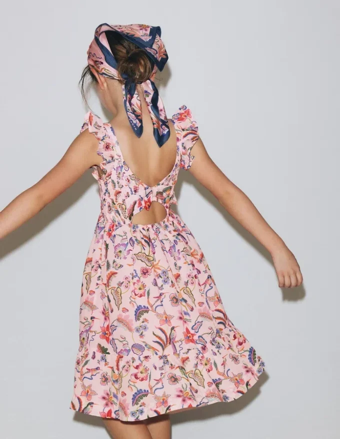 Shirred Bow Back Detail Dress Multi Pink Floral Shirred Bow Back Detail Dress Multi Pink Floral