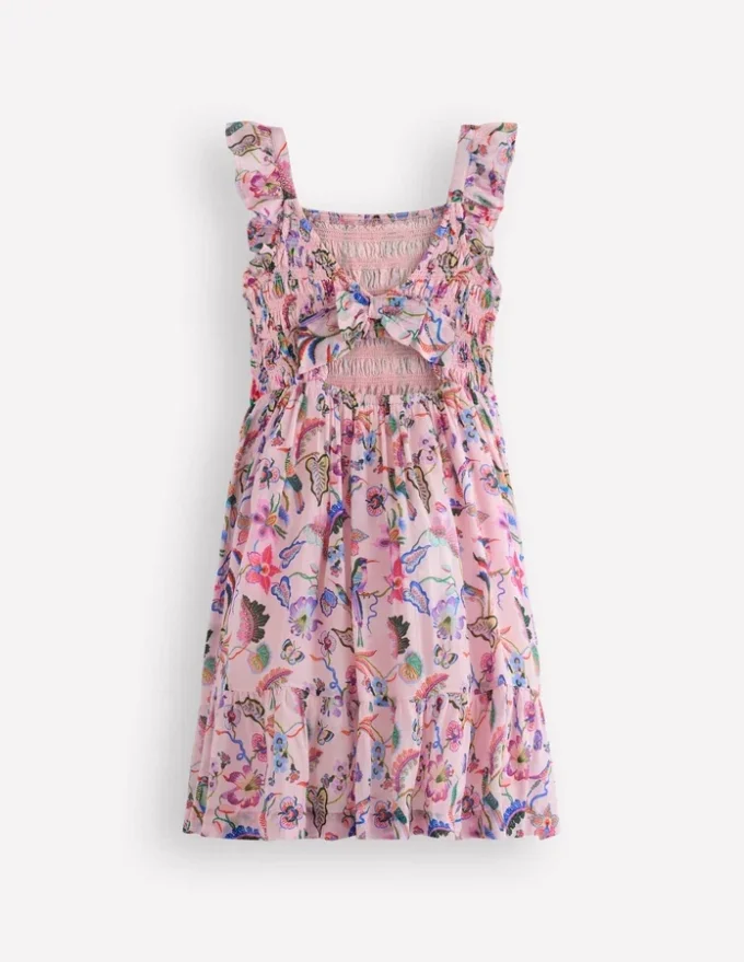 Shirred Bow Back Detail Dress Multi Pink Floral Shirred Bow Back Detail Dress Multi Pink Floral
