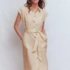 Short Belted Shirt Dress Brown, Ivory Ticking Stripe Short Belted Shirt Dress Brown, Ivory Ticking Stripe