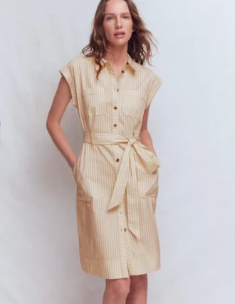 Short Belted Shirt Dress Brown, Ivory Ticking Stripe Short Belted Shirt Dress Brown, Ivory Ticking Stripe