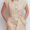 Short Belted Shirt Dress Brown, Ivory Ticking Stripe Short Belted Shirt Dress Brown, Ivory Ticking Stripe