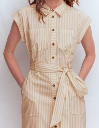 Short Belted Shirt Dress Brown, Ivory Ticking Stripe Short Belted Shirt Dress Brown, Ivory Ticking Stripe