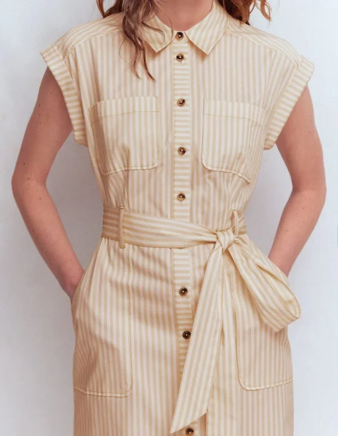 Short Belted Shirt Dress Brown, Ivory Ticking Stripe Short Belted Shirt Dress Brown, Ivory Ticking Stripe