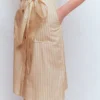 Short Belted Shirt Dress Brown, Ivory Ticking Stripe Short Belted Shirt Dress Brown, Ivory Ticking Stripe