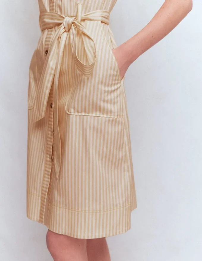 Short Belted Shirt Dress Brown, Ivory Ticking Stripe Short Belted Shirt Dress Brown, Ivory Ticking Stripe