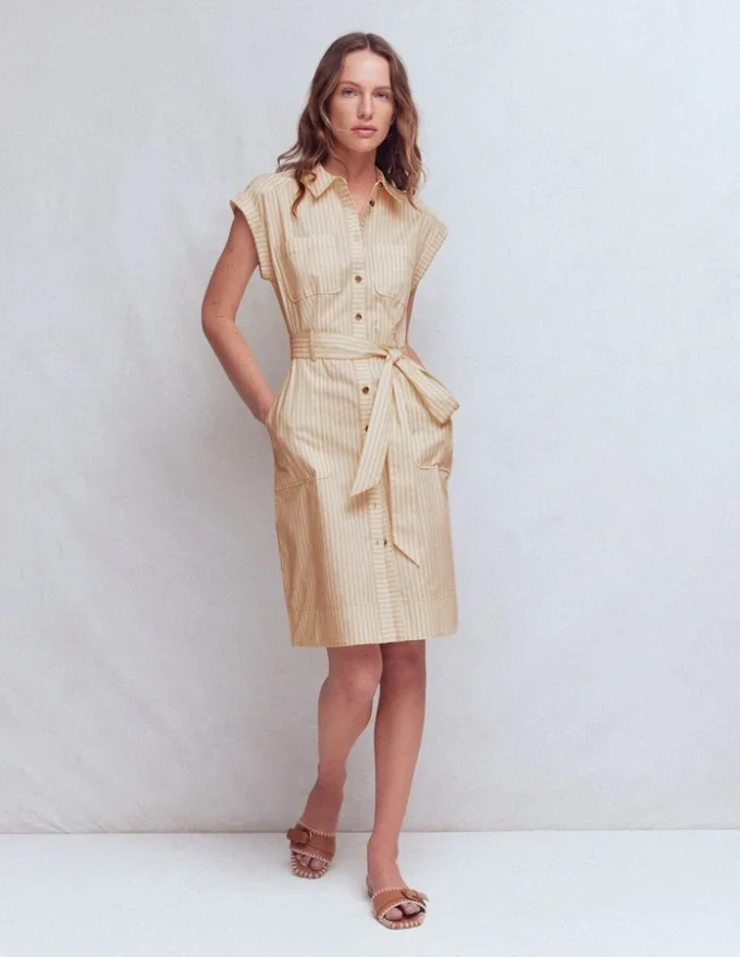 Short Belted Shirt Dress Brown, Ivory Ticking Stripe Short Belted Shirt Dress Brown, Ivory Ticking Stripe