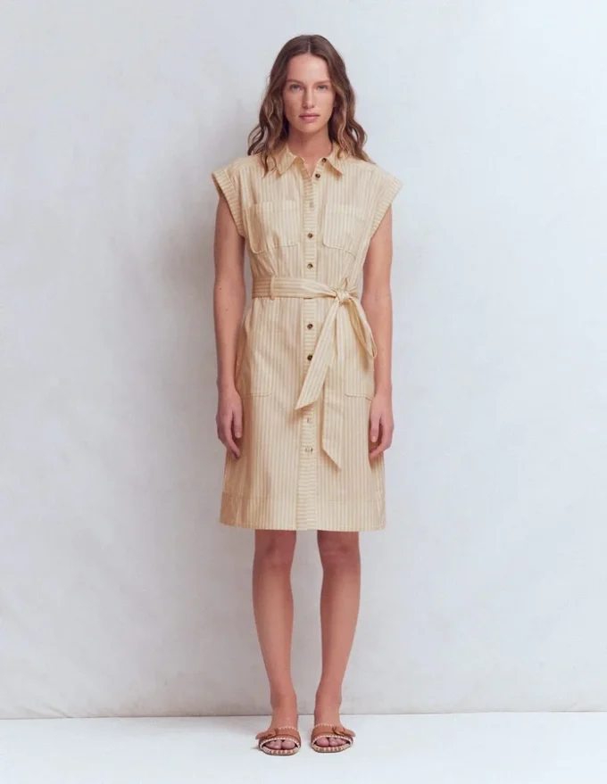 Short Belted Shirt Dress Brown, Ivory Ticking Stripe Short Belted Shirt Dress Brown, Ivory Ticking Stripe