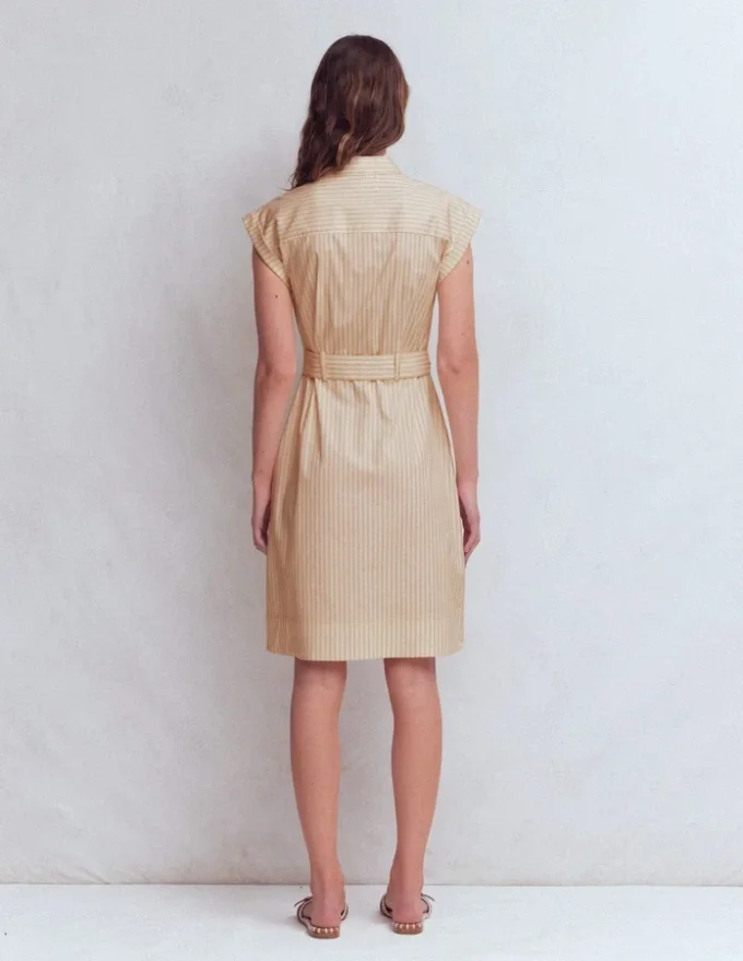 Short Belted Shirt Dress Brown, Ivory Ticking Stripe Short Belted Shirt Dress Brown, Ivory Ticking Stripe