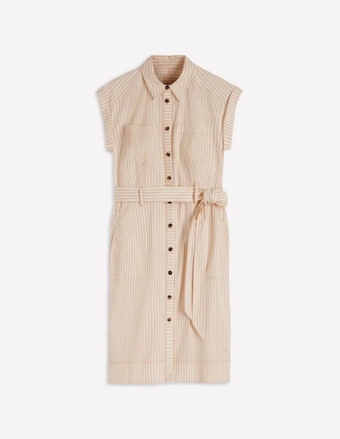 Short Belted Shirt Dress Brown, Ivory Ticking Stripe Short Belted Shirt Dress Brown, Ivory Ticking Stripe