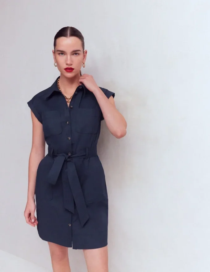 Short Belted Shirt Dress Navy Short Belted Shirt Dress Navy