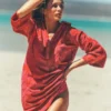 Short Collared Towelling Dress Merida Red, Ornamental Foliage Short Collared Towelling Dress Merida Red, Ornamental Foliage
