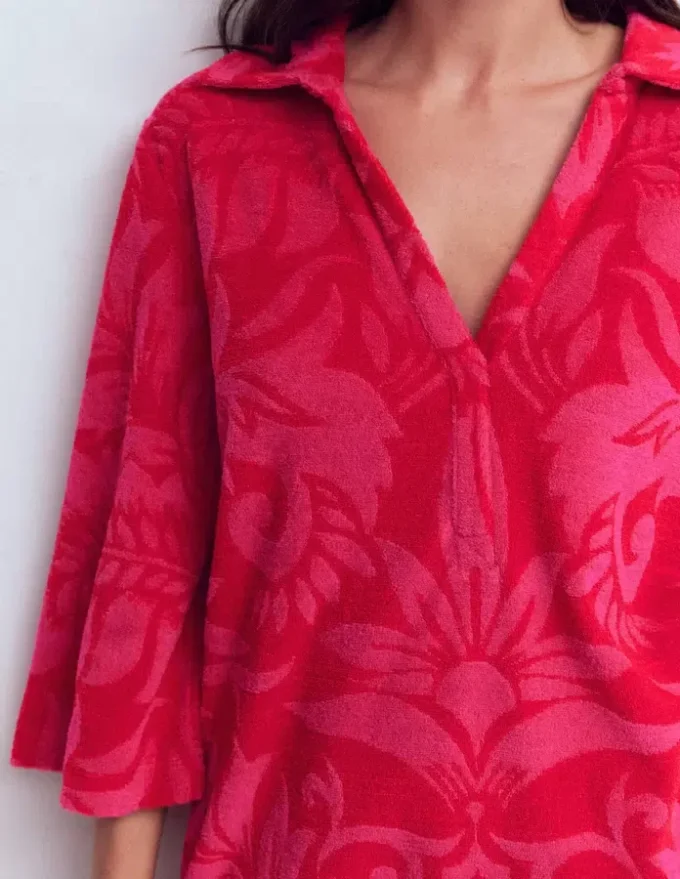 Short Collared Towelling Dress Merida Red, Ornamental Foliage Short Collared Towelling Dress Merida Red, Ornamental Foliage