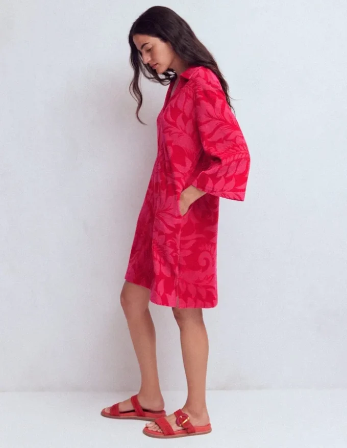 Short Collared Towelling Dress Merida Red, Ornamental Foliage Short Collared Towelling Dress Merida Red, Ornamental Foliage