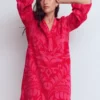 Short Collared Towelling Dress Merida Red, Ornamental Foliage Short Collared Towelling Dress Merida Red, Ornamental Foliage