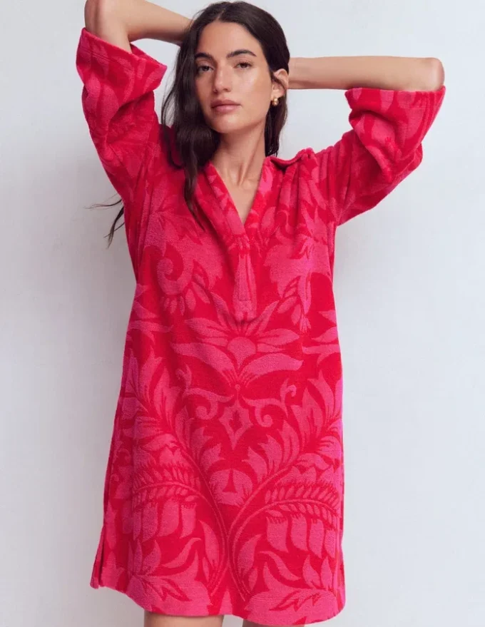 Short Collared Towelling Dress Merida Red, Ornamental Foliage Short Collared Towelling Dress Merida Red, Ornamental Foliage
