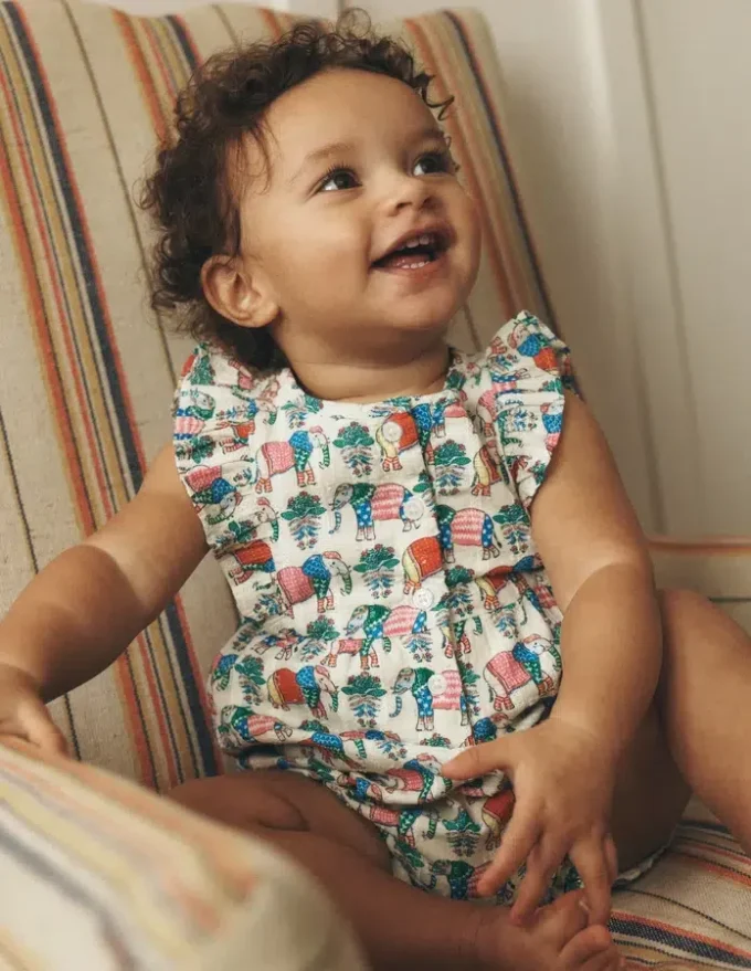 Short Frill Bubble Romper Multi Elephant Woodblock