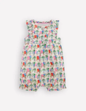 Short Frill Bubble Romper Multi Elephant Woodblock