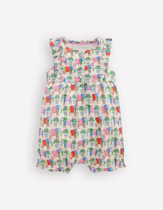 Short Frill Bubble Romper Multi Elephant Woodblock