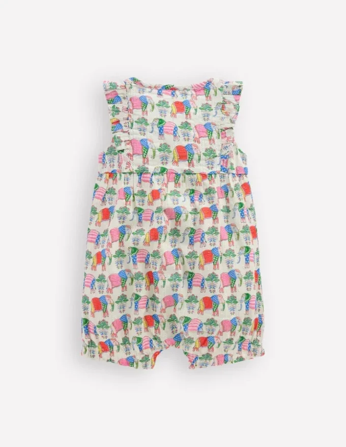 Short Frill Bubble Romper Multi Elephant Woodblock