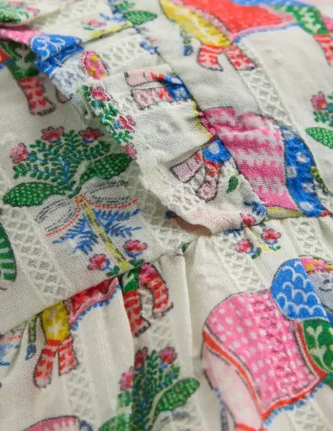 Short Frill Bubble Romper Multi Elephant Woodblock