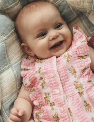Short Frill Bubble Romper Pink Gingham Floral