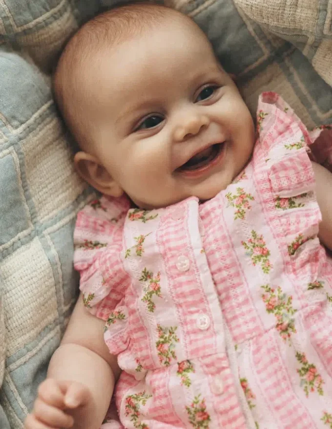 Short Frill Bubble Romper Pink Gingham Floral