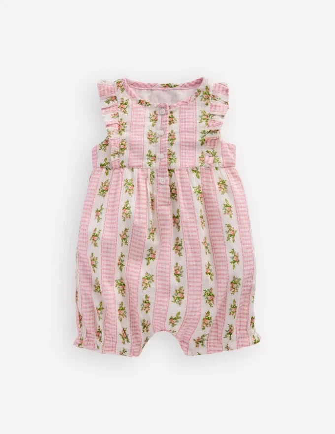 Short Frill Bubble Romper Pink Gingham Floral