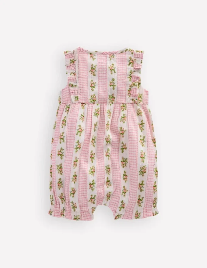 Short Frill Bubble Romper Pink Gingham Floral